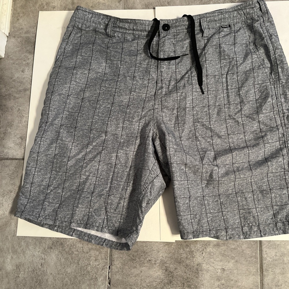 Hurley Board Shorts, Sz 36 Checkered Grey Pattern